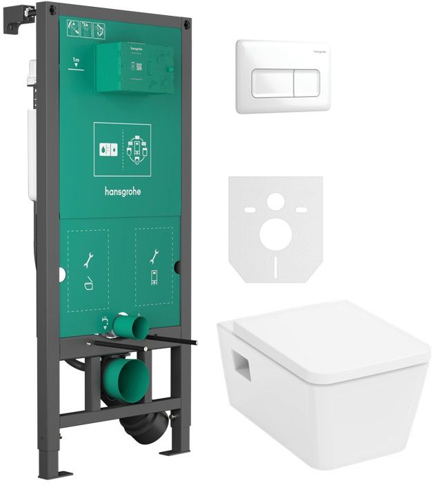 Zestaw Hansgrohe EluPura Original Q miska WC z deską wolnoopadającą wisząca biała i stelaż z przyciskiem czarny (01022180, 66001700, ...
