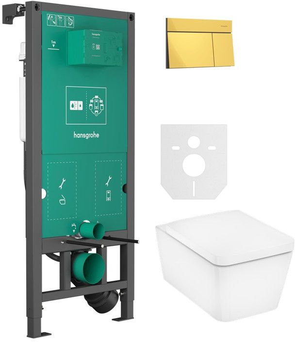 Zestaw Hansgrohe EluPura Q miska WC z deską wolnoopadającą wisząca biała i stelaż z przyciskiem złotym (01022180, 66003990, 60293450)