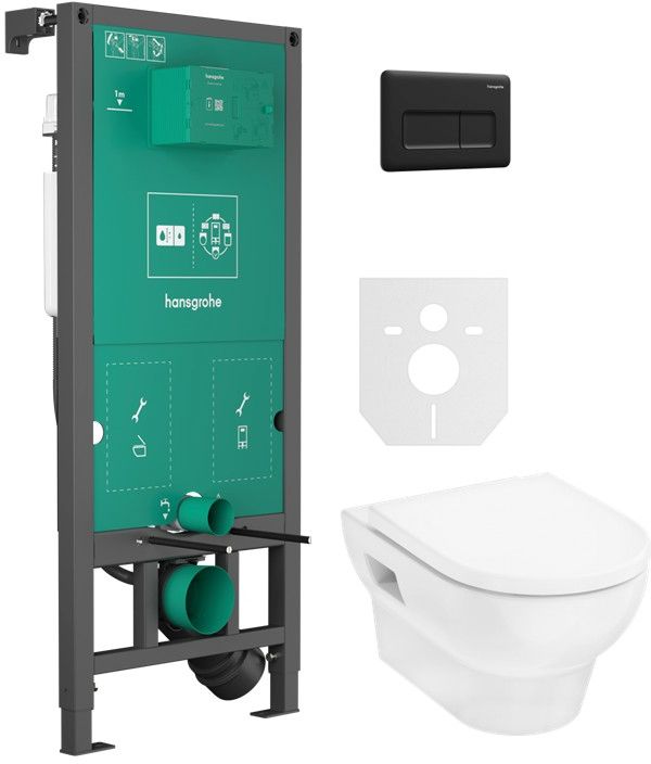 Zestaw Hansgrohe iFrame universal stelaż podtynkowy z przyciskiem spłukującym czarnym i miska z deską WC biała (01022180, 66001670, ... - Wysyłka w 