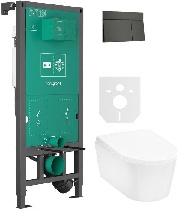 Zestaw Hansgrohe EluPura S miska WC z deską wolnoopadającą wisząca biała i stelaż z przyciskiem chrom szczotkowany (01022180, ...