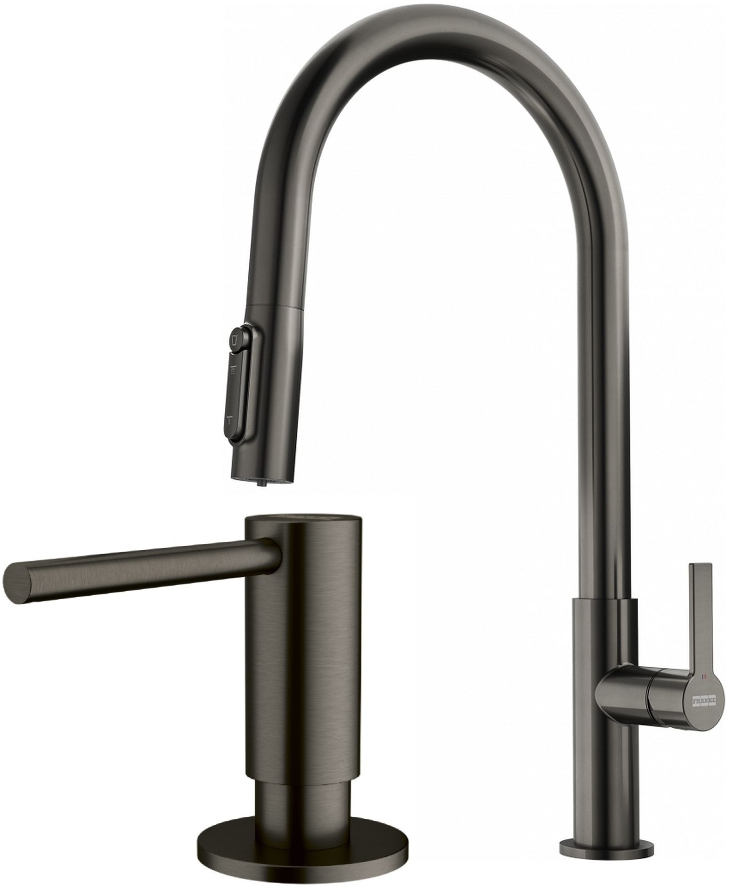 Zestaw Franke Maris Slim Clear Water J Pull-Out bateria kuchenna stojąca z dozownikiem do płynów 350 ml antracyt (1200736603, 1120717103)
