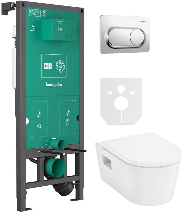Zestaw Hansgrohe EluPura Original S miska z deską WC biała i stelaż podtynkowy z przyciskiem spłukującym chrom (01022180, 66002000, ...