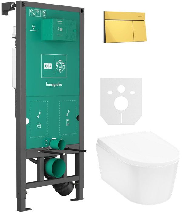 Zestaw Hansgrohe EluPura S miska WC z deską wolnoopadającą wisząca biała i stelaż z przyciskiem złotym (01022180, 66003990, ...