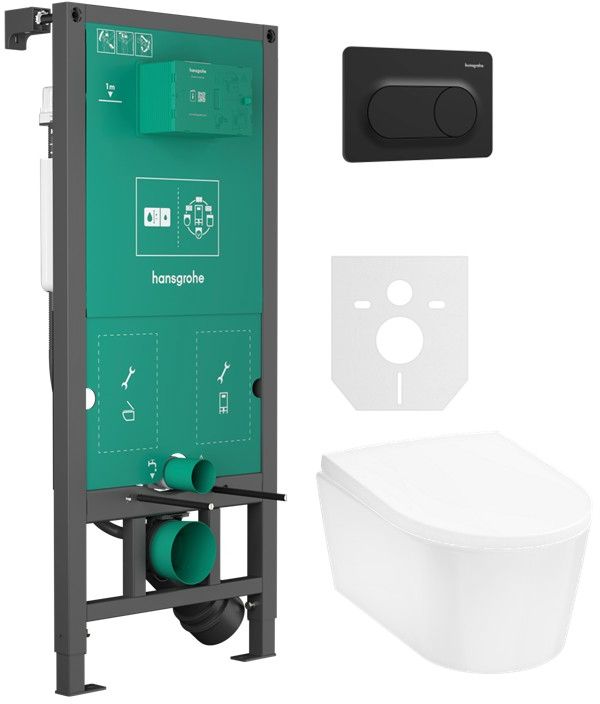 Zestaw Hansgrohe EluPura S miska WC z deską wolnoopadającą wisząca biała i stelaż z przyciskiem czarnym (01022180, 66002670, ...