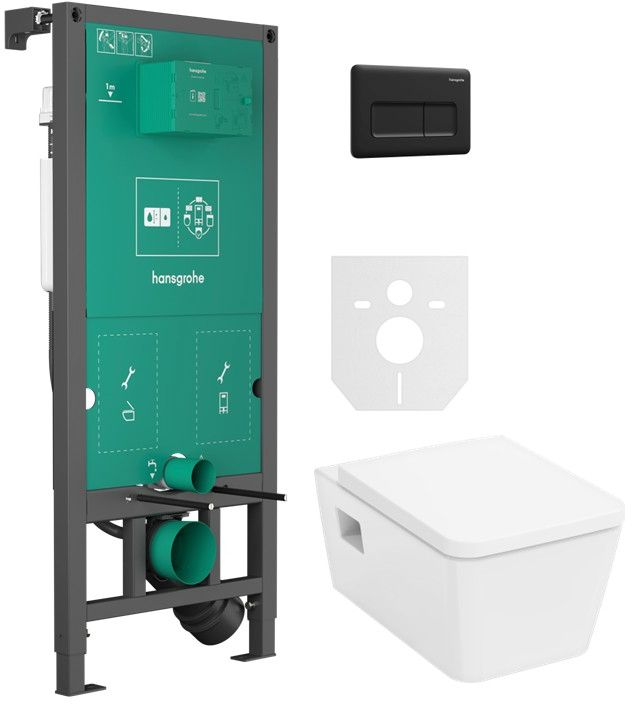 Zestaw Hansgrohe EluPura Original Q miska WC z deską wolnoopadającą wisząca biała i stelaż z przyciskiem czarny (01022180, 66001670, ...