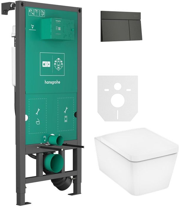 Zestaw Hansgrohe EluPura Q miska WC z deską wolnoopadającą wisząca biała i stelaż z przyciskiem chrom szczotkowany (01022180, ...