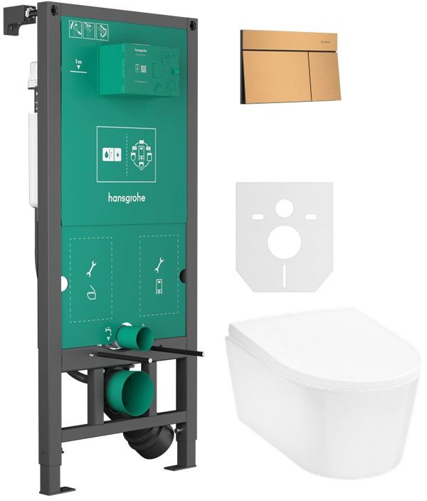 Zestaw Hansgrohe EluPura S miska WC z deską wolnoopadającą wisząca biała i stelaż z przyciskiem brąz szczotkowany (01022180, ...