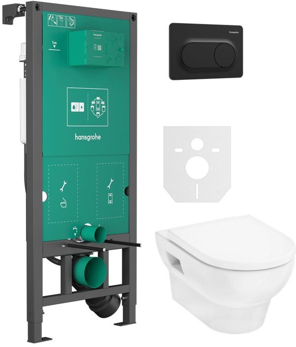 Zestaw Hansgrohe iFrame universal stelaż podtynkowy z przyciskiem spłukującym czarnym i miska z deską WC biała (01022180, 66002670, ... - Wysyłka w 