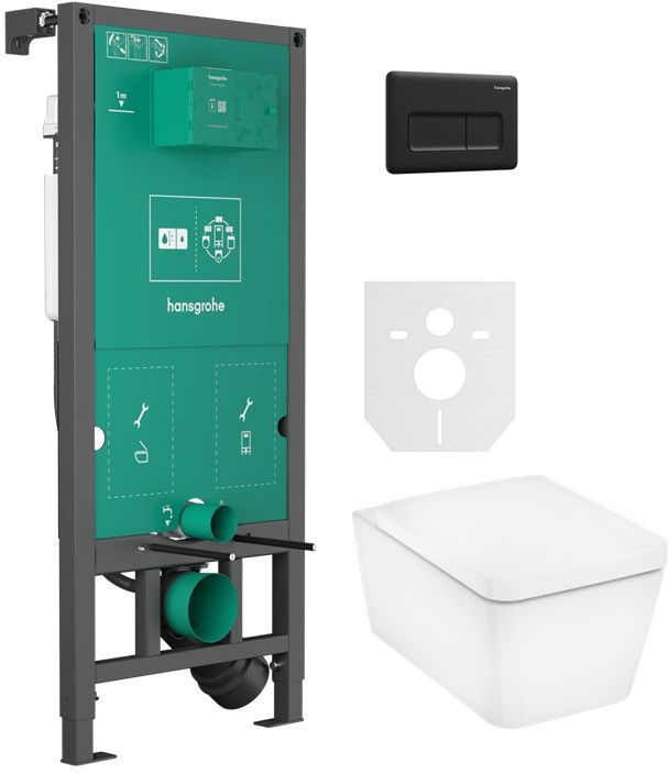 Zestaw Hansgrohe EluPura Q miska WC z deską wolnoopadającą wisząca biała i stelaż z przyciskiem czarny (01022180, 66001670, 60293450)
