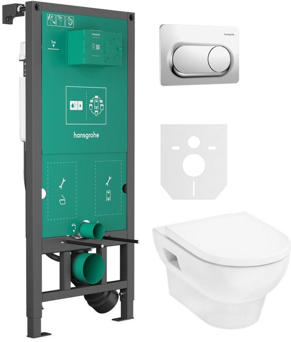 Zestaw Hansgrohe iFrame universal stelaż podtynkowy z przyciskiem spłukującym chrom i miska z deską WC biała (01022180, 66002000, ...