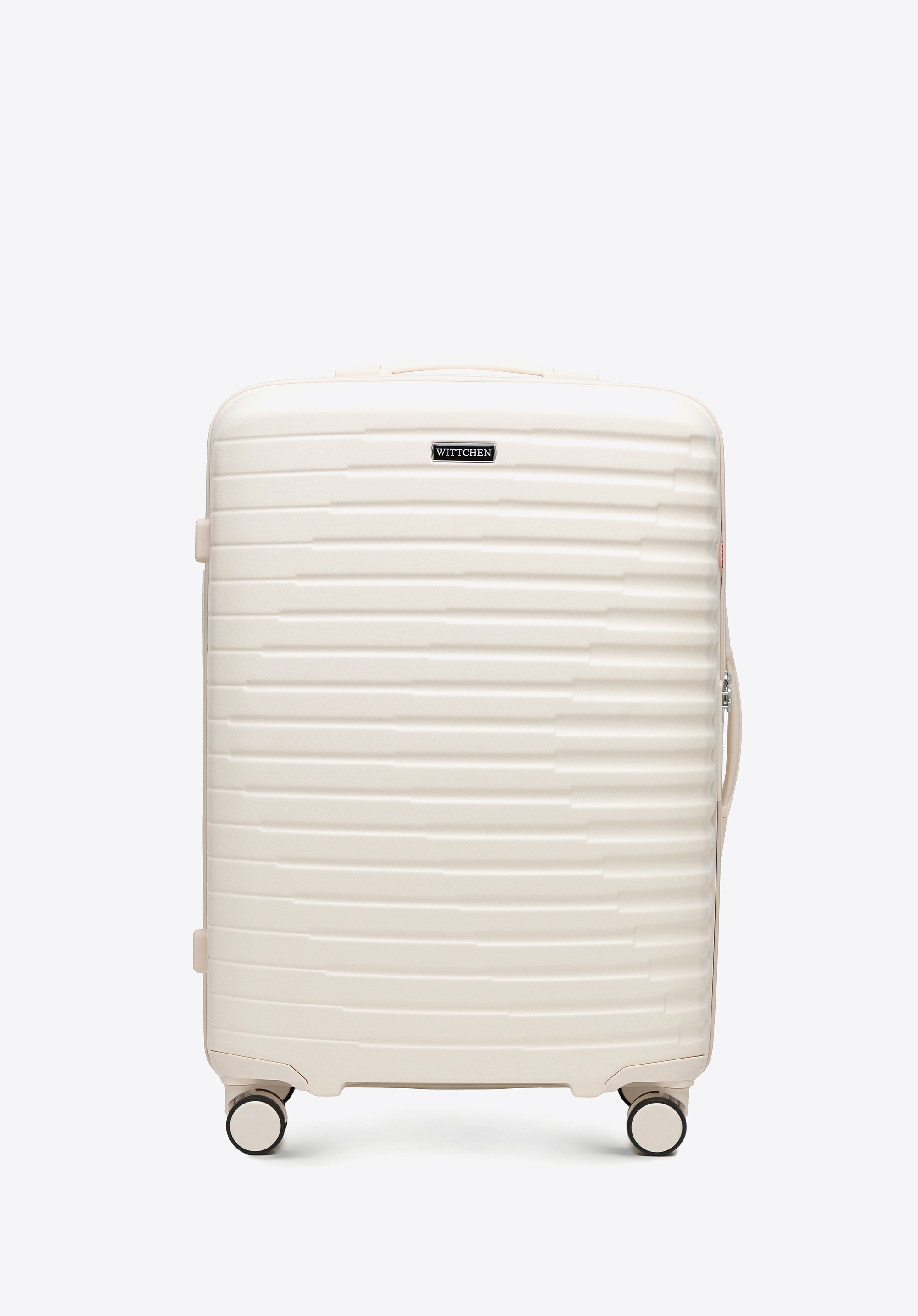 Średnia walizka z polikarbonu w poziome żebrowanie kremowa