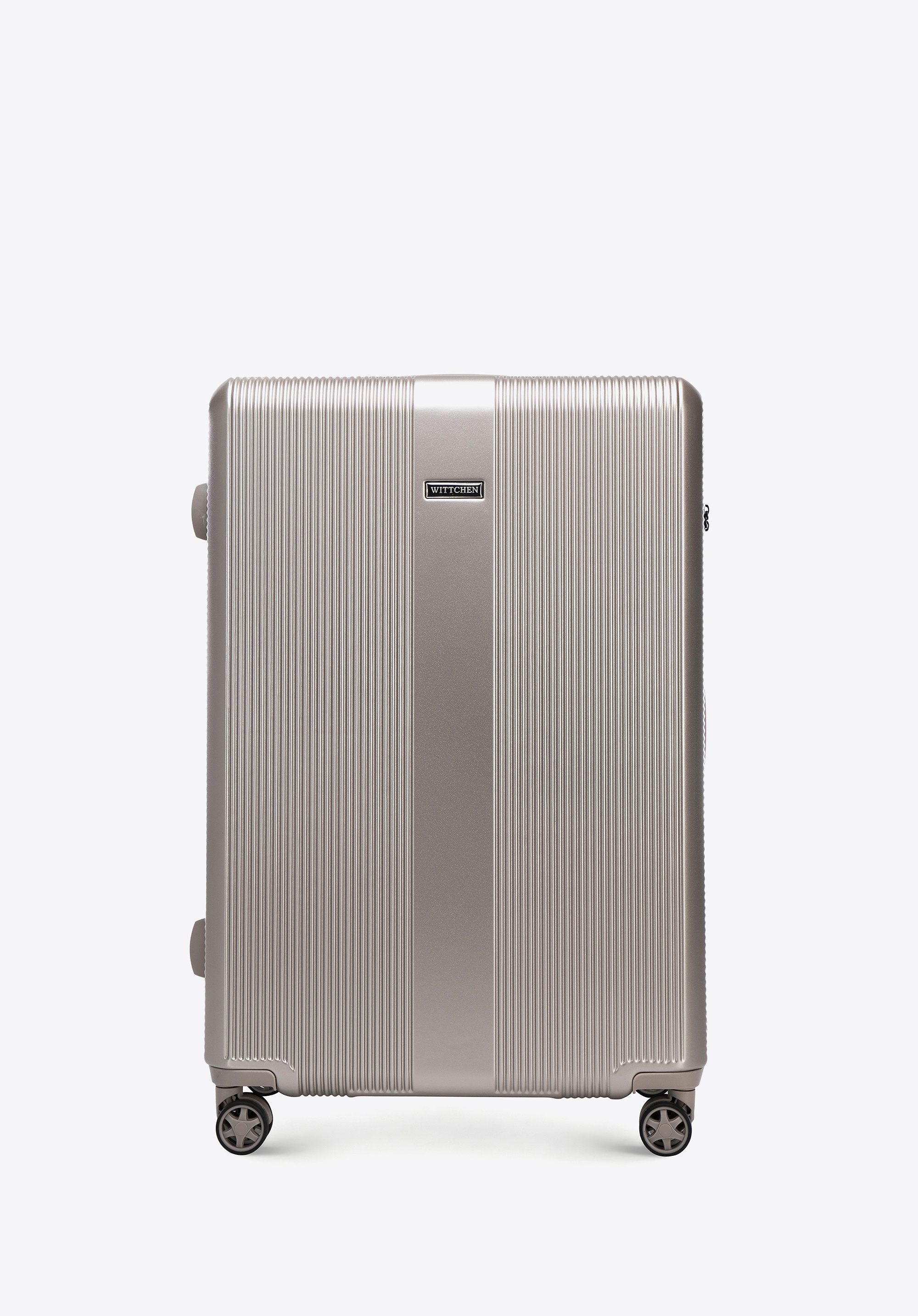 Duża walizka z polikarbonu w pionowe tłoczenia szampańska