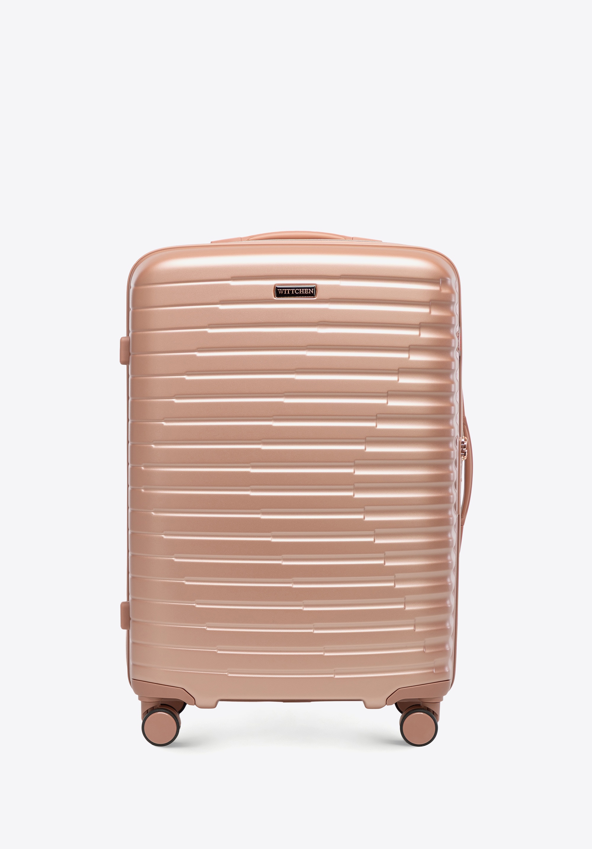 Średnia walizka z polikarbonu w poziome żebrowanie różowe złoto