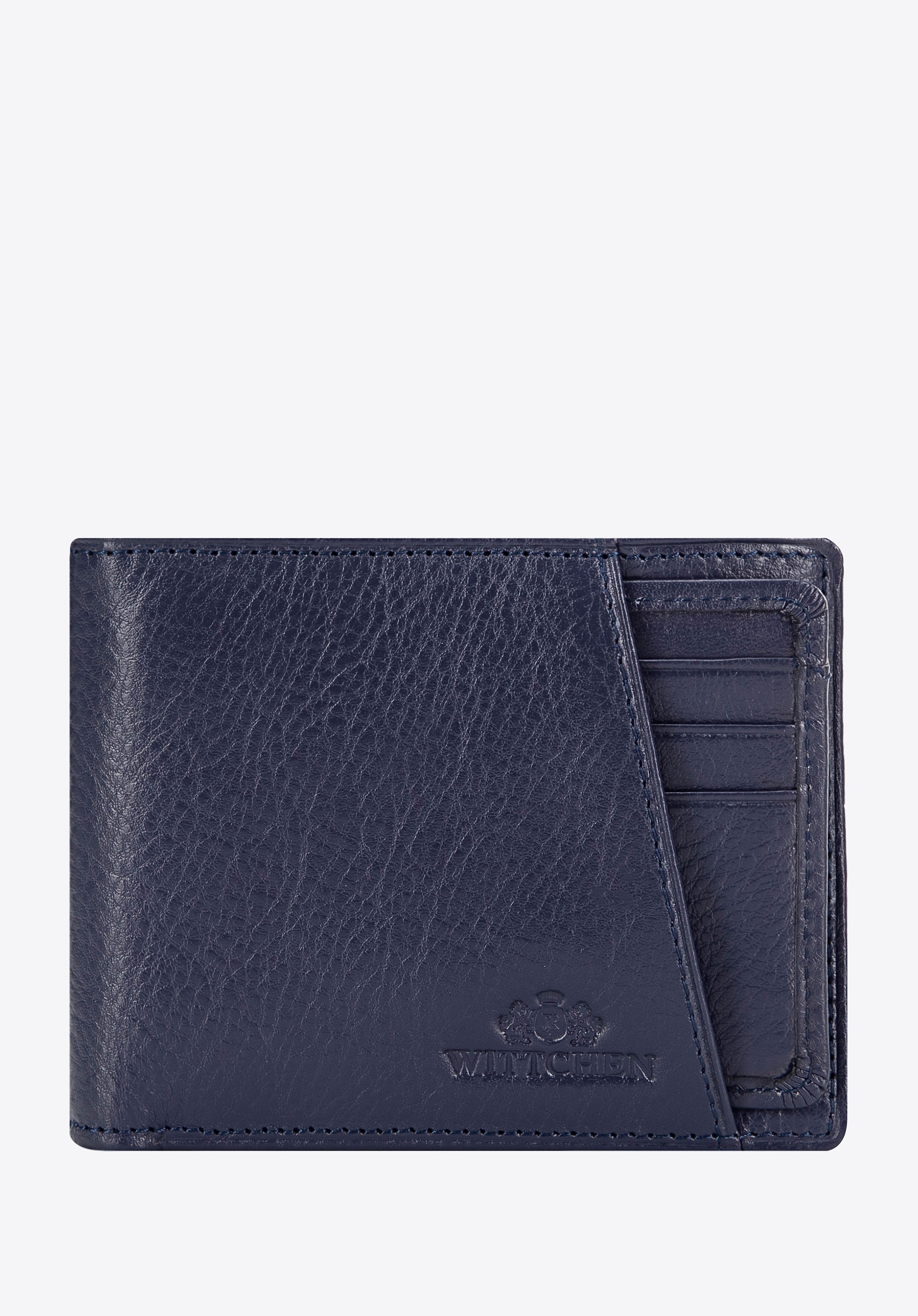 Męski portfel skórzany ścięty po skosie granatowy