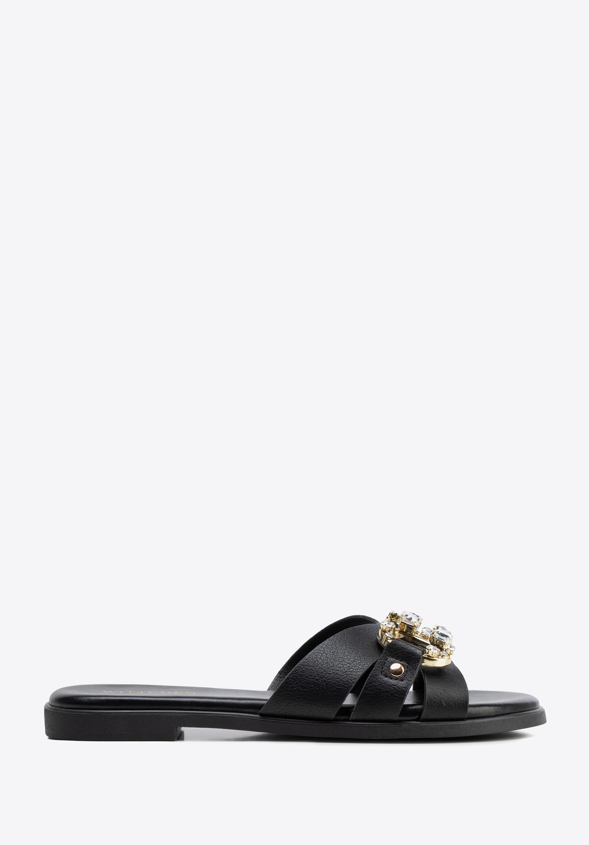 Damskie klapki z imitacji skóry z dekoracyjną klamrą czarne