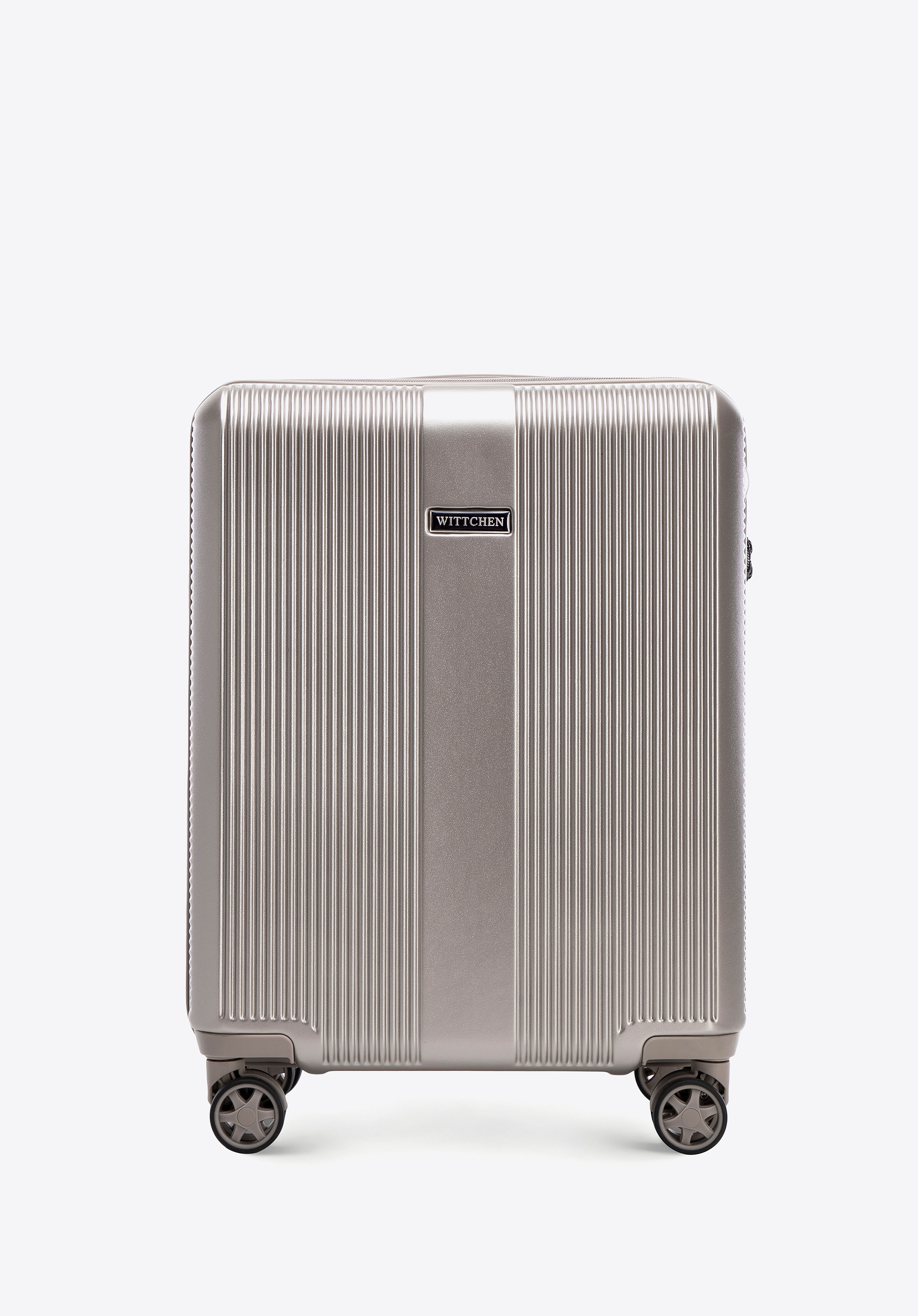 Dodatkowe rabaty - Mała walizka z polikarbonu w pionowe tłoczenia szampańskia