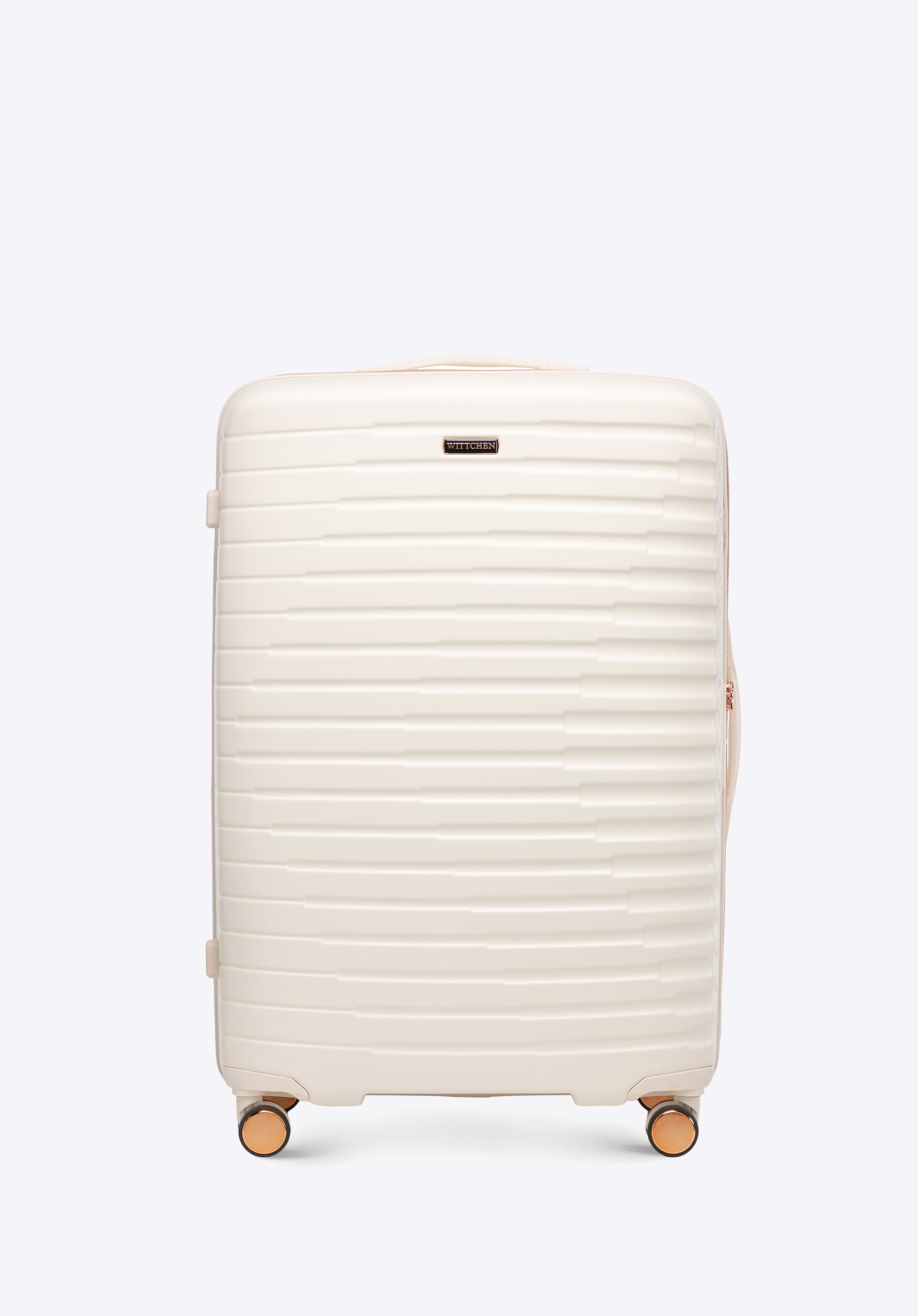 Duża walizka z polikarbonu w poziome żebrowanie kremowo - złota