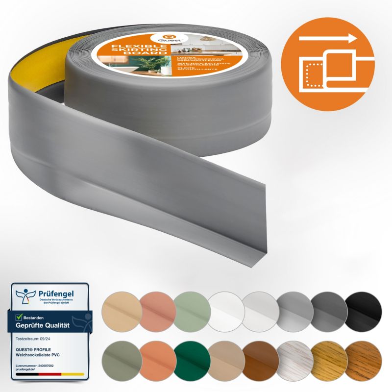Listwa przypodłogowa PCV 50x20mm, QUEST, samoprzylepna elastyczna, miękka listwa podłogowa, cokołowa, szary, 25m