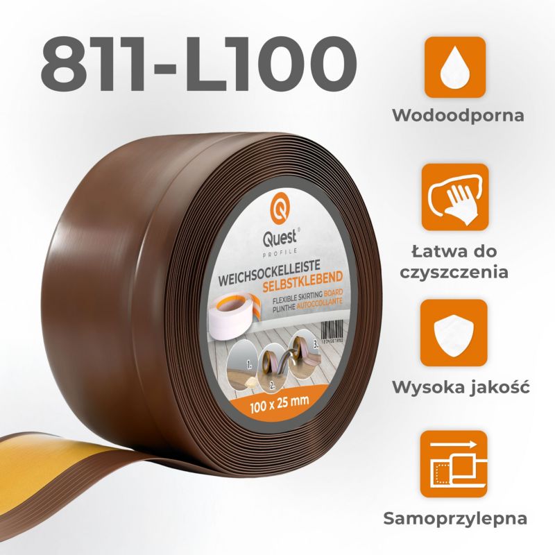 Listwa przypodłogowa PCV 100x25mm, QUEST, samoprzylepna elastyczna, miękka listwa podłogowa, cokołowa, brąz, 5m