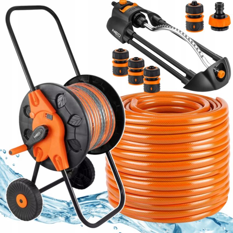 Wąż ogrodowy na bębnie ze zraszaczem oscylacyjnym i złączkami NEO TOOLS, 50 m, 1/2", 1 kpl.