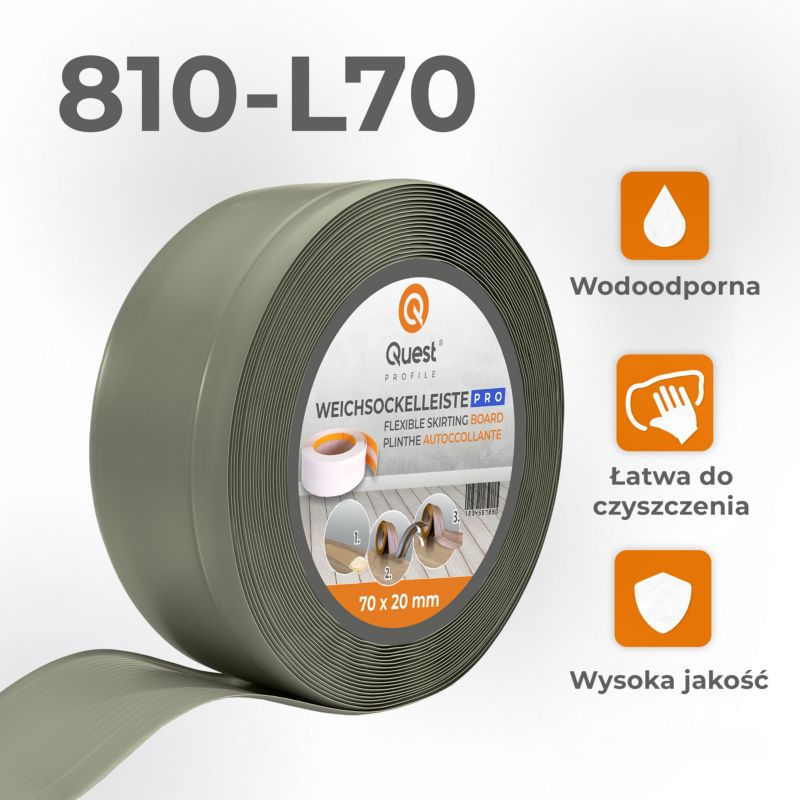 Listwa przypodłogowa PCV 70x20mm, QUEST, elastyczna, miękka listwa podłogowa, cokołowa, oliwkowy, 5m