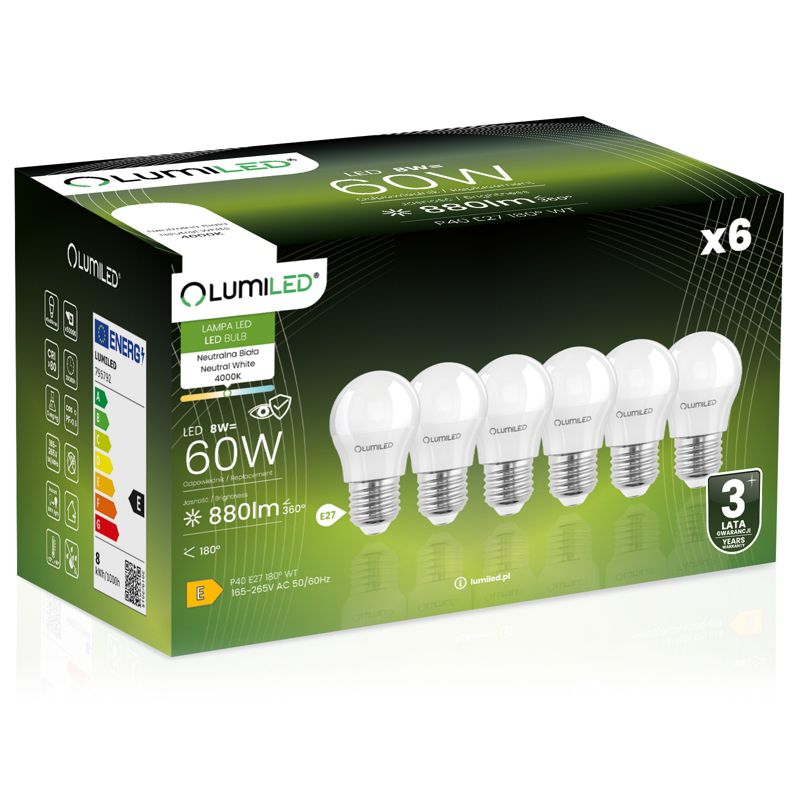 Żarówka LED Lumiled E27 Kulka P45 8W 880lm 4000K 180st 6 szt.