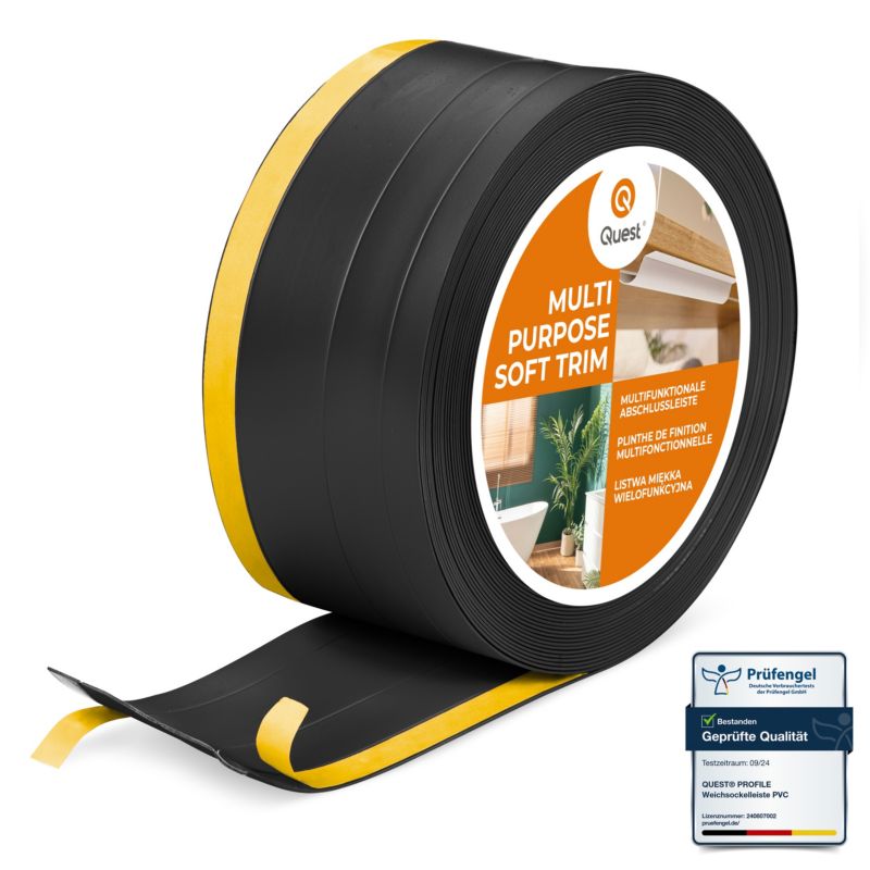 Listwa wykończeniowa W2 z PCV 4w1 120mm, QUEST samoprzylepna, maskująca elastyczna listwa podłogowa, ścienna, czarny, 25m