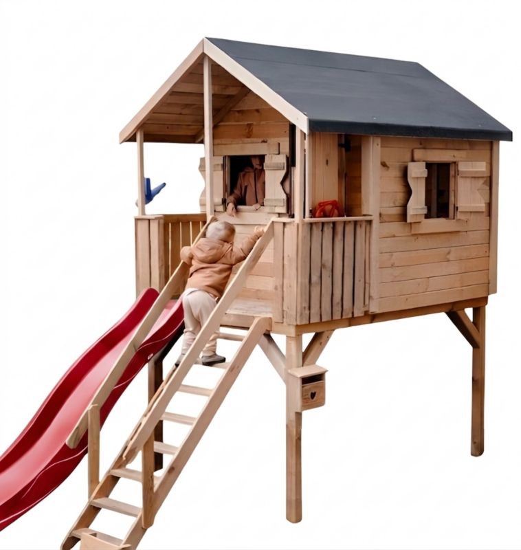 Drewniany domek dla dzieci Meblogród Magiczny Domek ze czerwoną zjeżdżalnią i podestem 120cm 1szt.