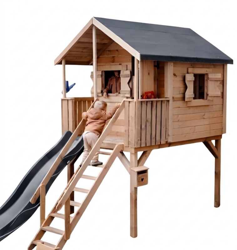 Drewniany domek dla dzieci Meblogród Magiczny Domek ze antracytową zjeżdżalnią i podestem 120cm 1szt.