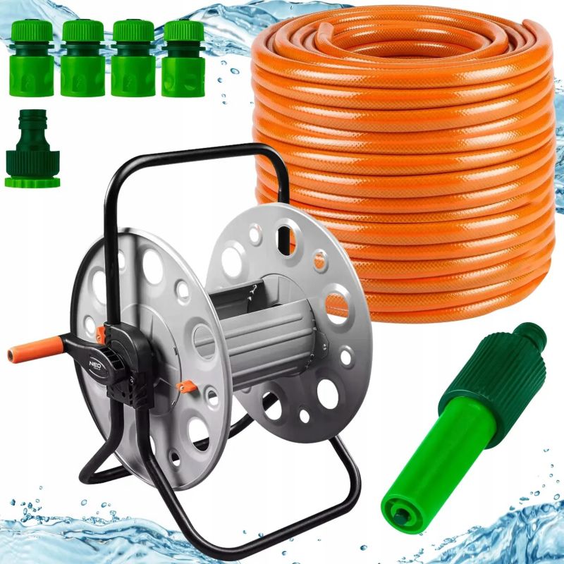Wąż ogrodowy na małym bębnie stalowym ze zraszaczem prostym i złączkami NEO TOOLS, 50 m, 1/2", 1 kpl.