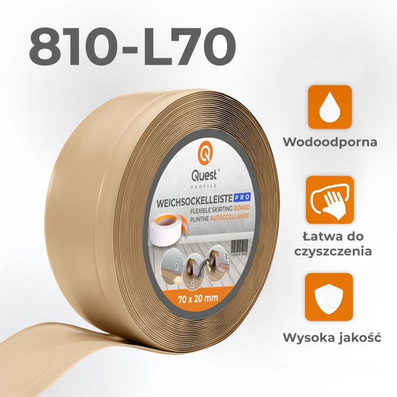 Listwa przypodłogowa PCV 70x20mm, QUEST, elastyczna, miękka listwa podłogowa, cokołowa, piaskowy, 15m