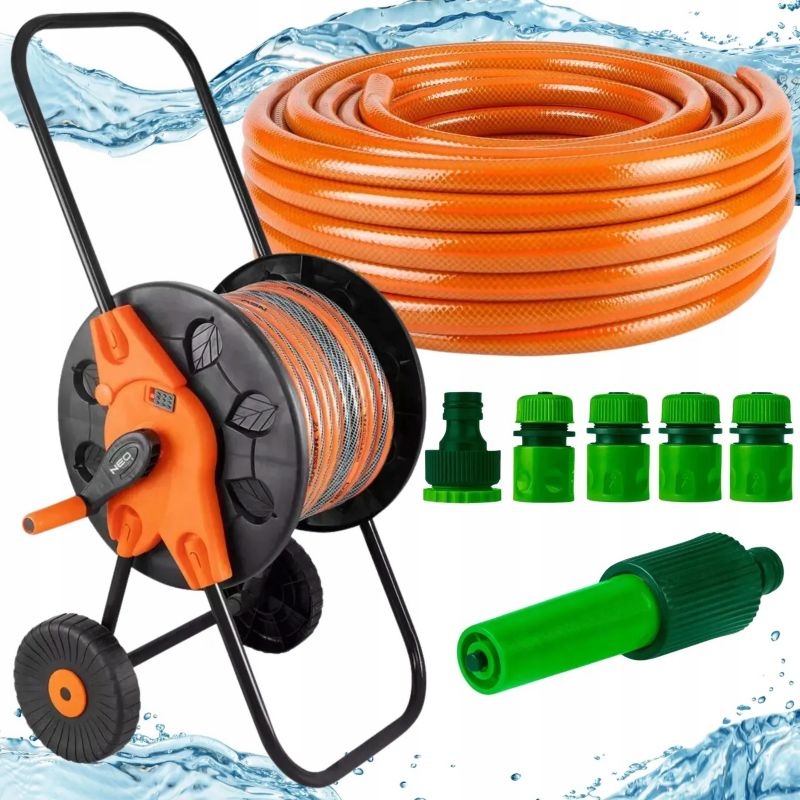 Wąż ogrodowy na bębnie ze zraszaczem prostym i złączkami NEO TOOLS, 20 m, 1/2", 1 kpl.