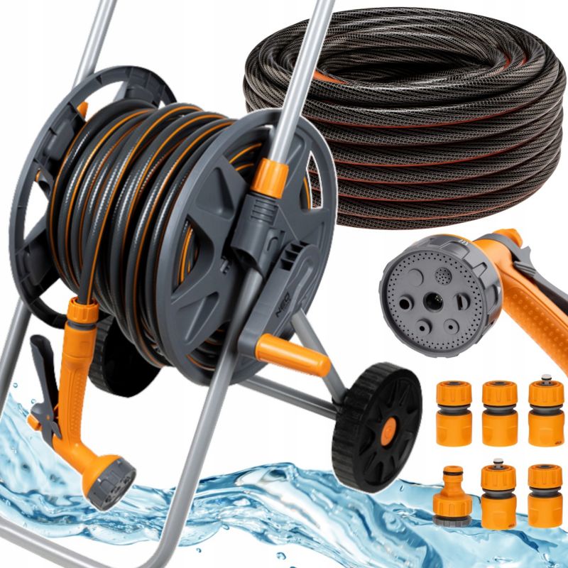 Wąż ogrodowy nawinięty na bębnie z pistoletem zraszającym i złączkami NEO TOOLS 30m 1/2" 1 kpl