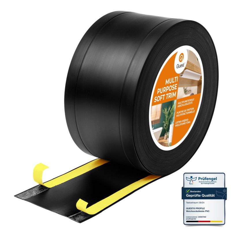 Listwa wykończeniowa W1 z PCV 6w1 75mm, QUEST samoprzylepna, maskująca elastyczna listwa podłogowa, ścienna, czarny, 25m