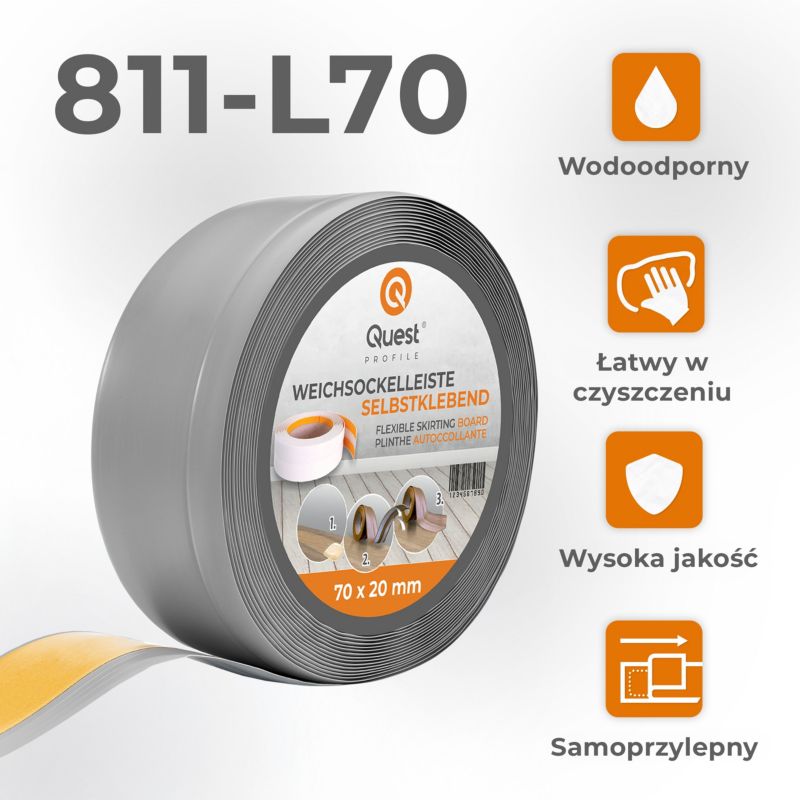 Listwa przypodłogowa PCV 70x20mm, QUEST, samoprzylepna elastyczna, miękka listwa podłogowa, cokołowa, szary, 5m