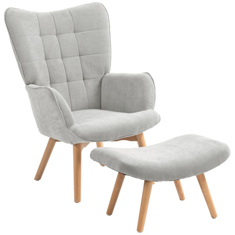 Fotel wypoczynkowy Artdesign w stylu skandynawskim sztruksowa tkanina szary z podnóżkiem bukowe nogi elegancki 1 szt.