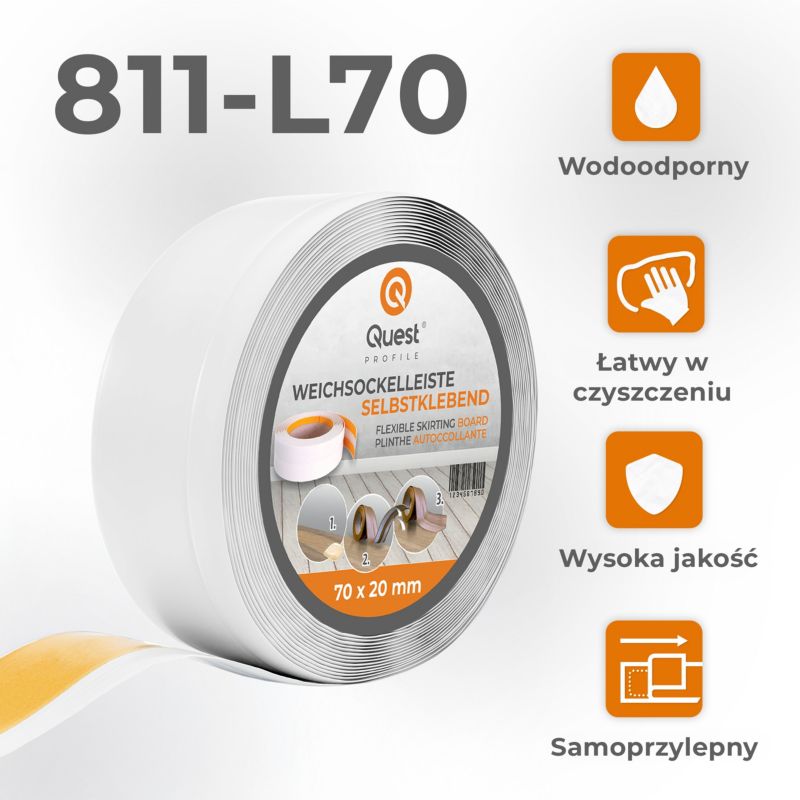 Listwa przypodłogowa PCV 70x20mm, QUEST, samoprzylepna elastyczna, miękka listwa podłogowa, cokołowa, biały, 25m
