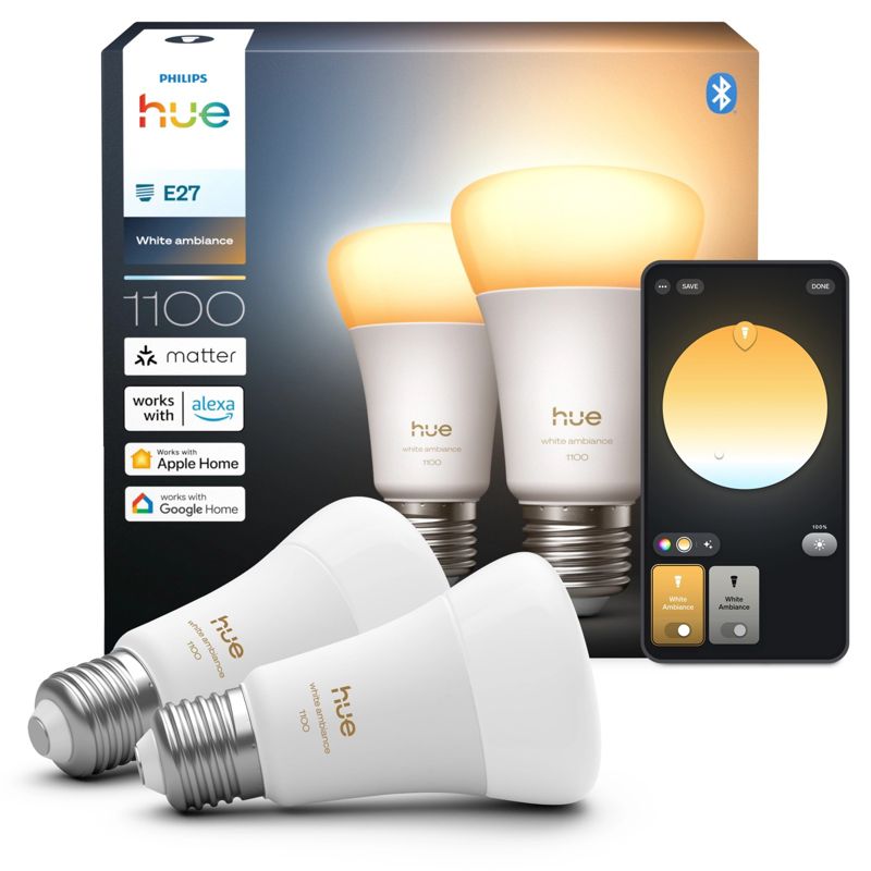 Żarówka LED Philips HUE E27 A60 8.1W 1100lm 1800-20000K CCT Inteligentna Bluetooth White Ambiance 2 szt.