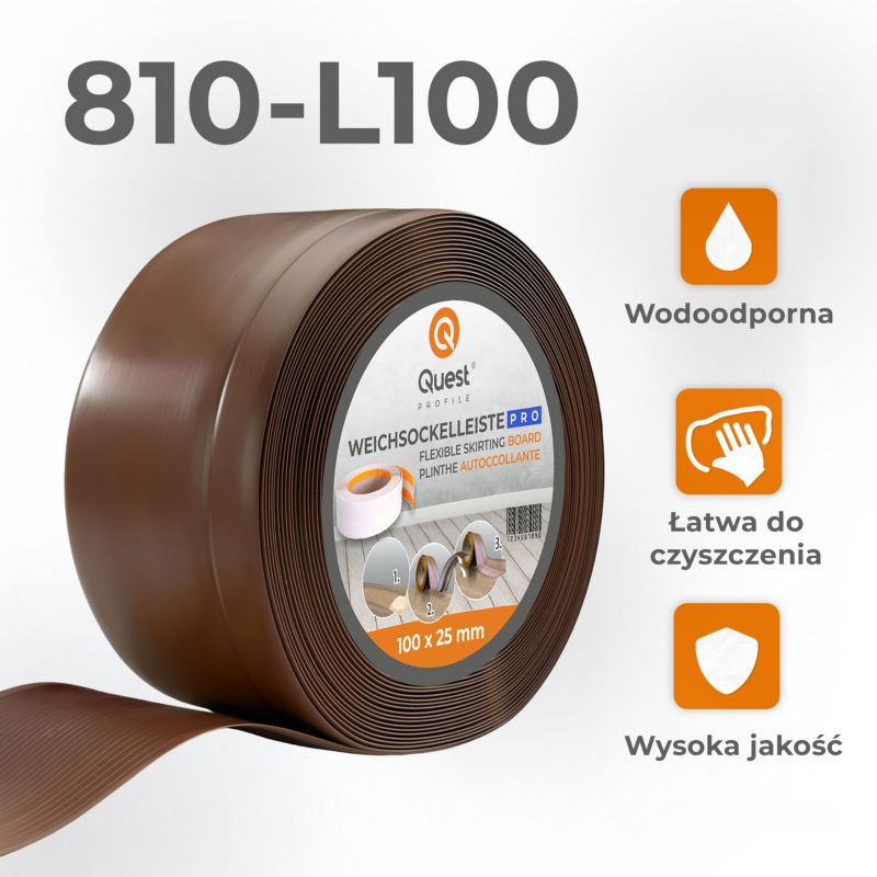 Listwa przypodłogowa PCV 100x25mm, QUEST, elastyczna, miękka listwa podłogowa, cokołowa, brąz, 10m