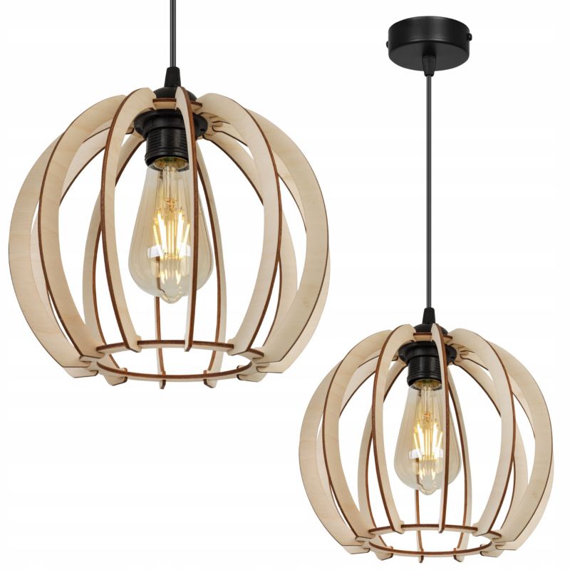 Lampa sufitowe wisząca Light Home LH Timber metal 1x E27 60W klosz drewno kula 24cm naturalny/czarny 1szt.
