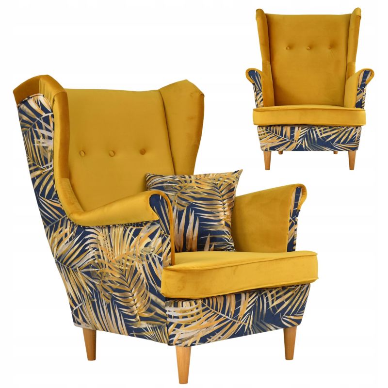 Fotel uszak do salonu Family Meble Ari Print Duo żółty liście 1szt