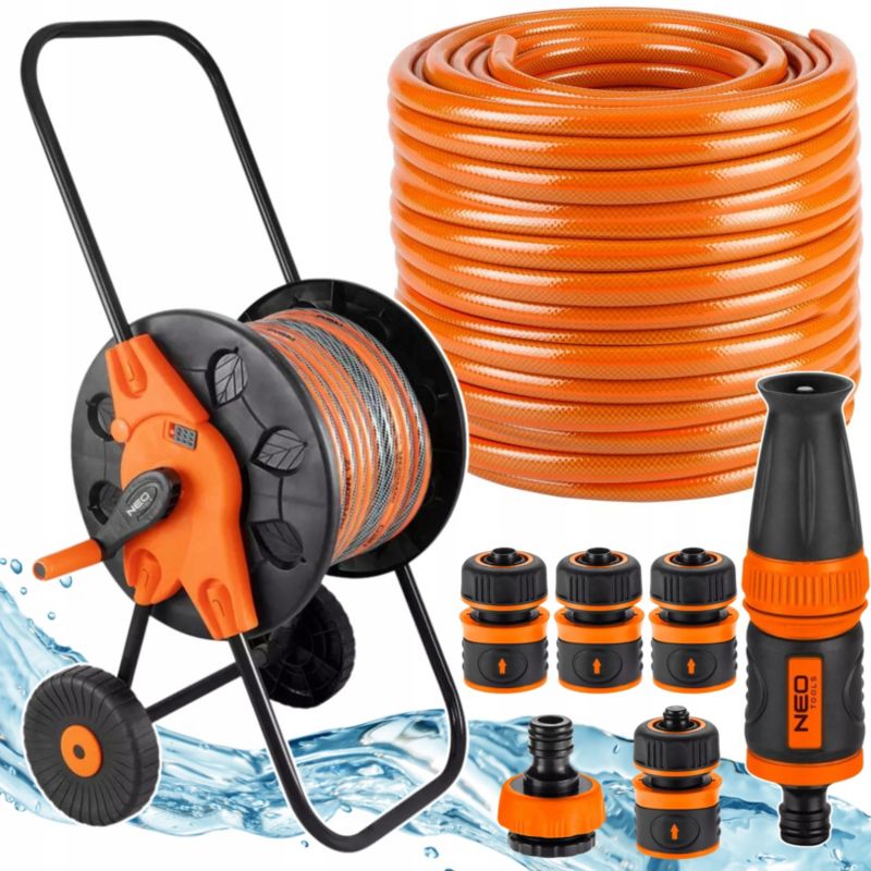 Wąż ogrodowy na bębnie ze zraszaczem prostym i złączkami NEO TOOLS, 50 m, 1/2", 1 kpl.