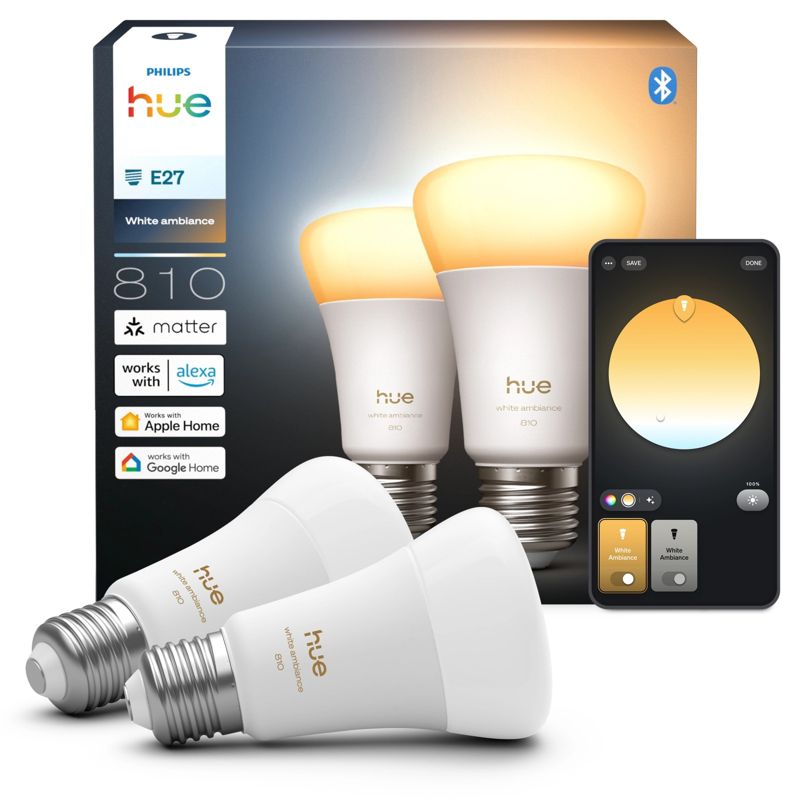 Żarówka LED Philips HUE E27 A60 6W 810lm 1800-20000K CCT Inteligentna Bluetooth White Ambiance 2 szt.