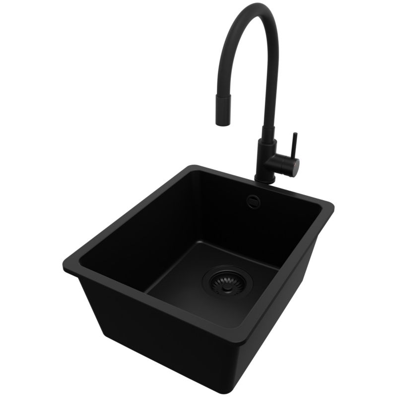 Zlewozmywak Granitowy Wenecja Slim Easy PRIMAGRAN Nablatowy 36x44cm, Cały Czarny + Bateria + Syfon, S022, 1 szt.