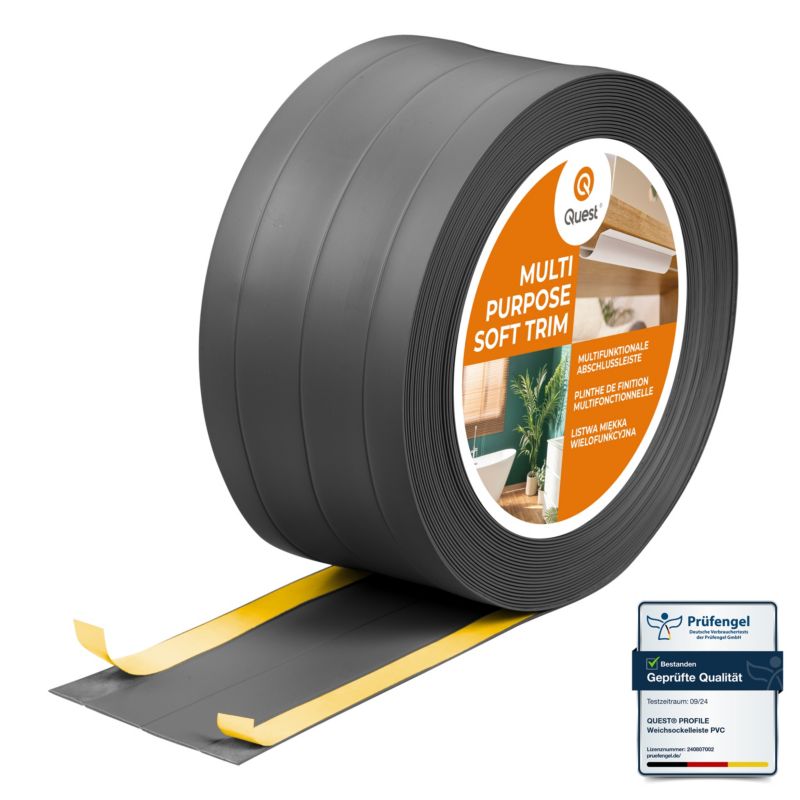Listwa wykończeniowa W3 z PCV 4w1 95mm, QUEST samoprzylepna, maskująca elastyczna listwa podłogowa, ścienna, ciemnoszary, 25m