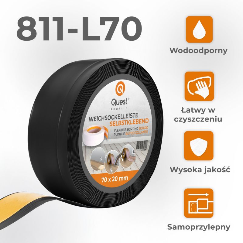 Listwa przypodłogowa PCV 70x20mm, QUEST, samoprzylepna elastyczna, miękka listwa podłogowa, cokołowa, czarny, 25m