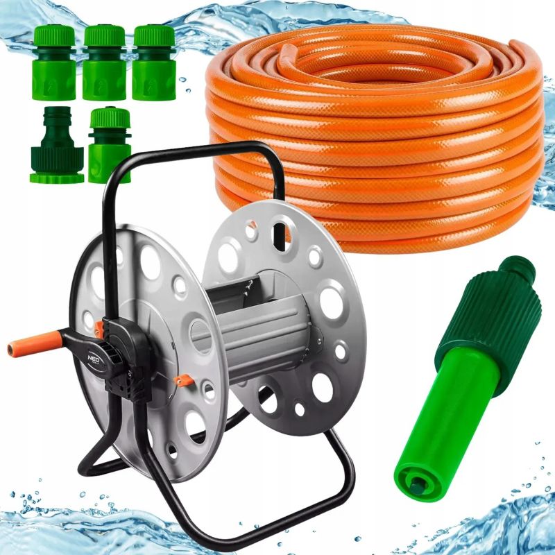 Wąż ogrodowy na małym bębnie stalowym ze zraszaczem prostym i złączkami NEO TOOLS, 30 m, 1/2", 1 kpl.