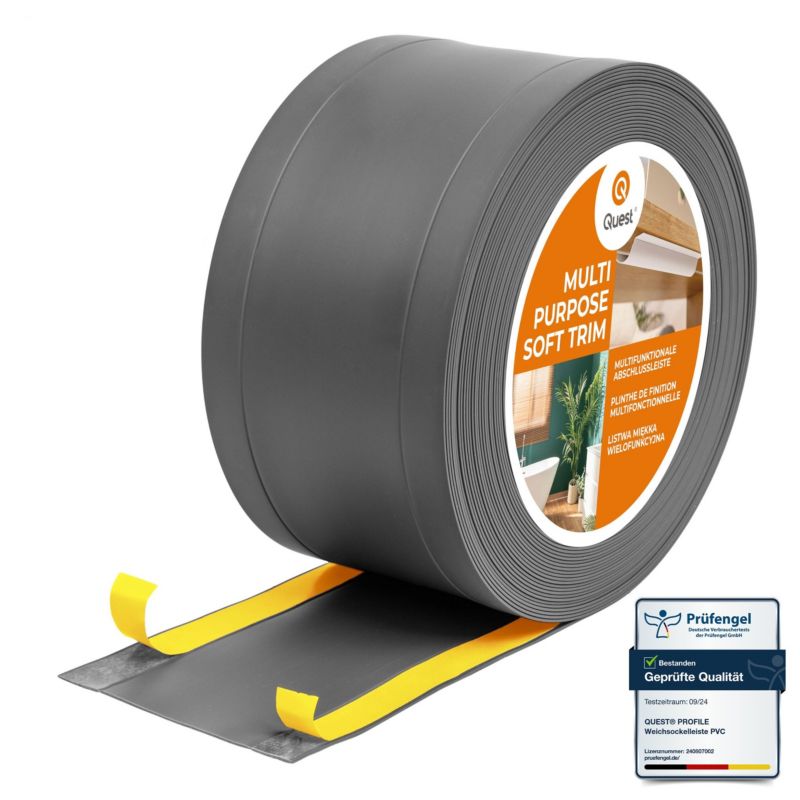 Listwa wykończeniowa W1 z PCV 6w1 75mm, QUEST samoprzylepna, maskująca elastyczna listwa podłogowa, ścienna, ciemnoszary, 20m