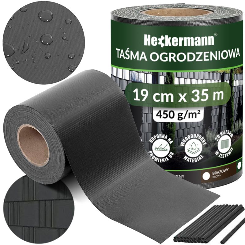 Taśma ogrodzeniowa osłona na ogrodzenie płot 19cm x 35m Heckermann - Ciemnoszara 1szt