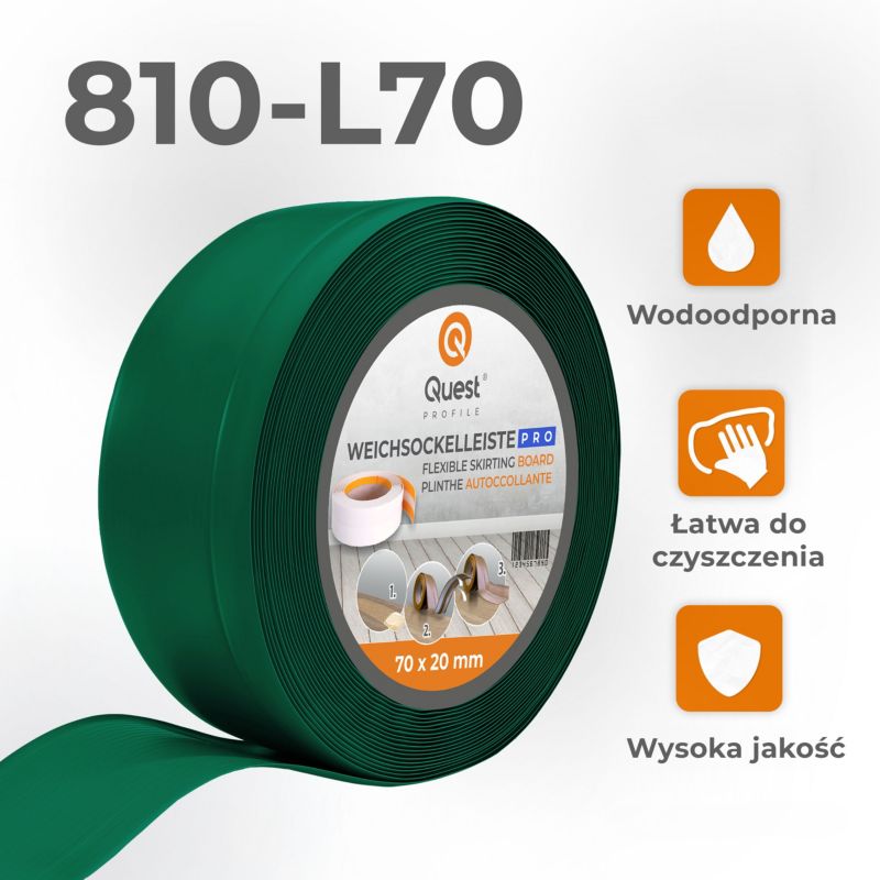 Listwa przypodłogowa PCV 70x20mm, QUEST, elastyczna, miękka listwa podłogowa, cokołowa, zielony, 15m